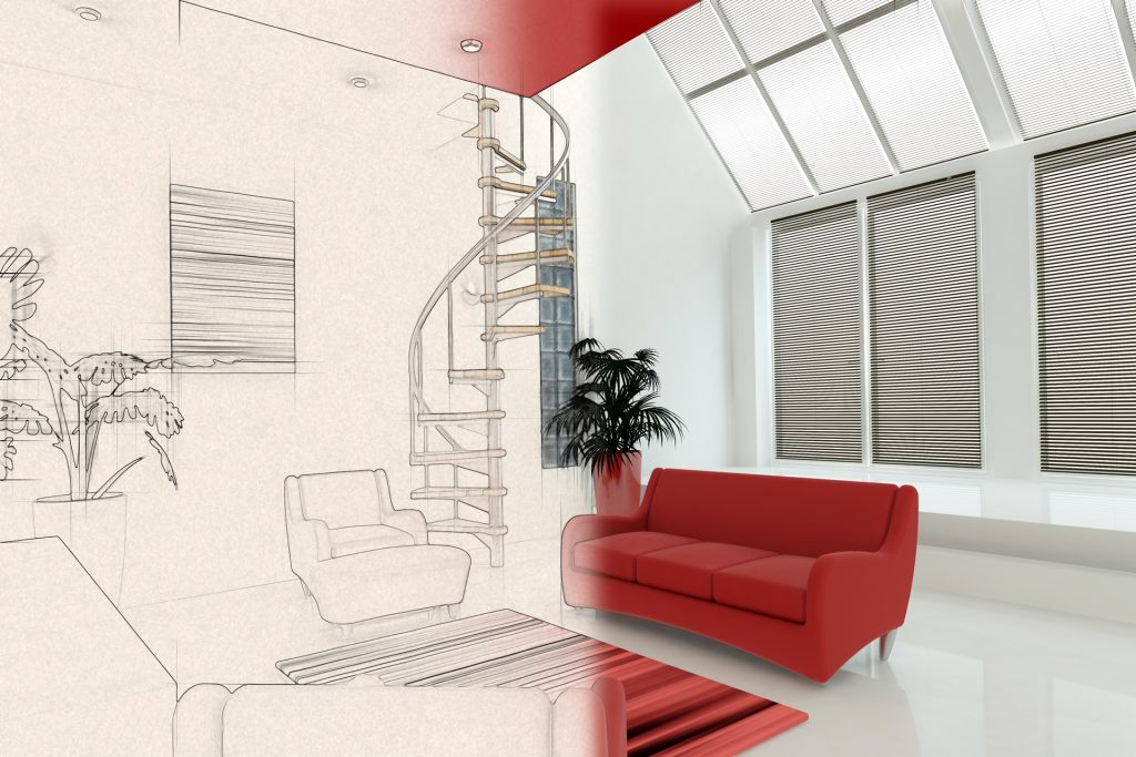 3d interior with half in sketch phase