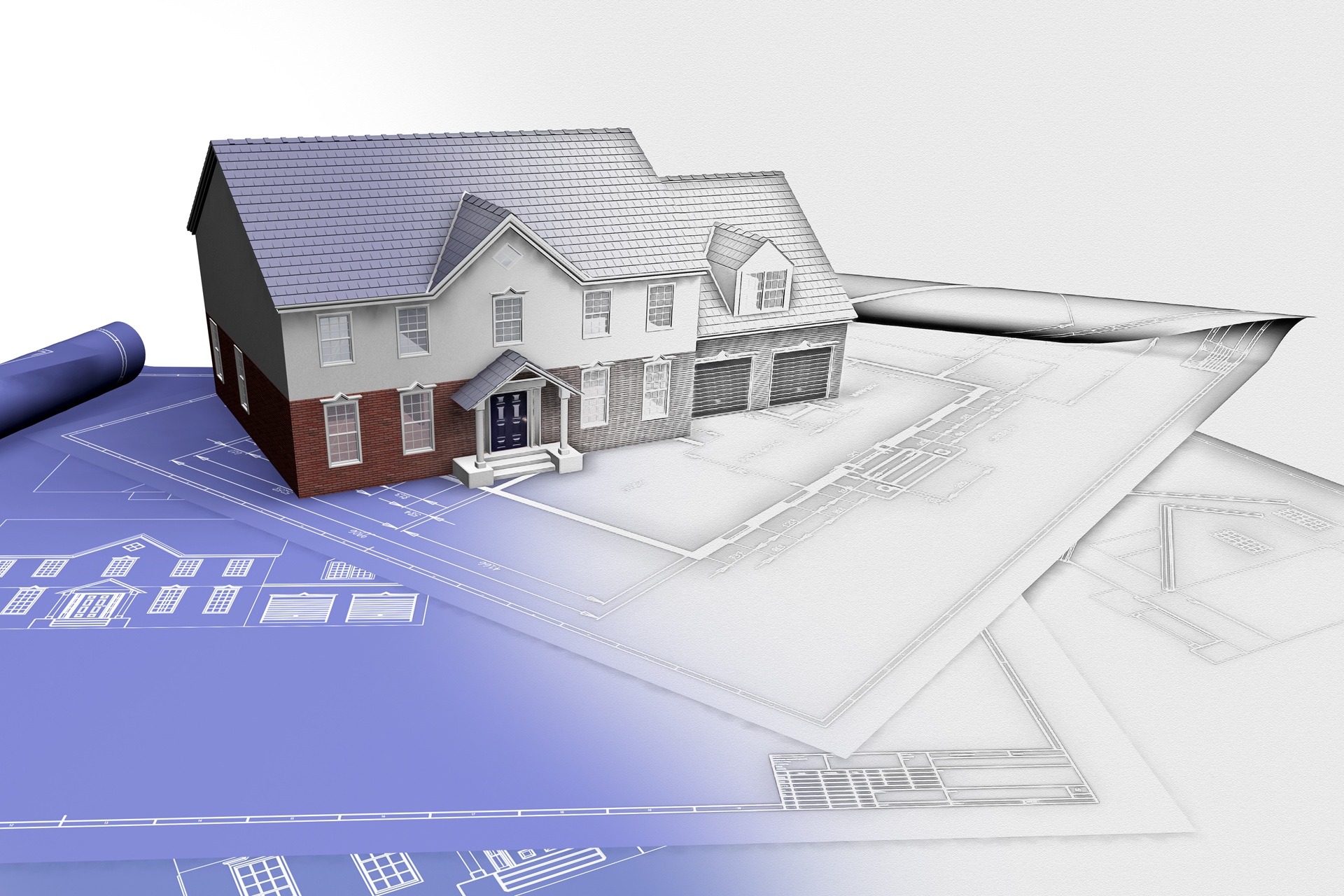 3d render of a house on blueprints with half in sketch phase